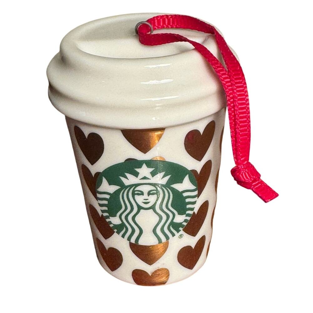 Starbucks Coffee Holiday ornament 2015 golden hearts mini logo to go cup